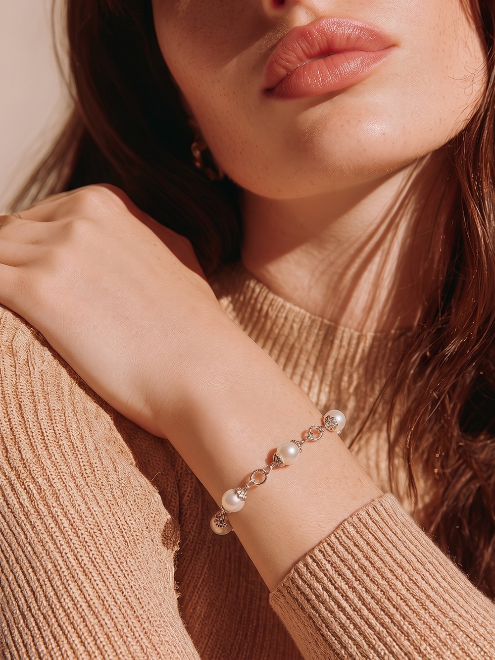 Hand Crafted Pearl and Gold Link Bracelet - White Pearls with Gold Accents
